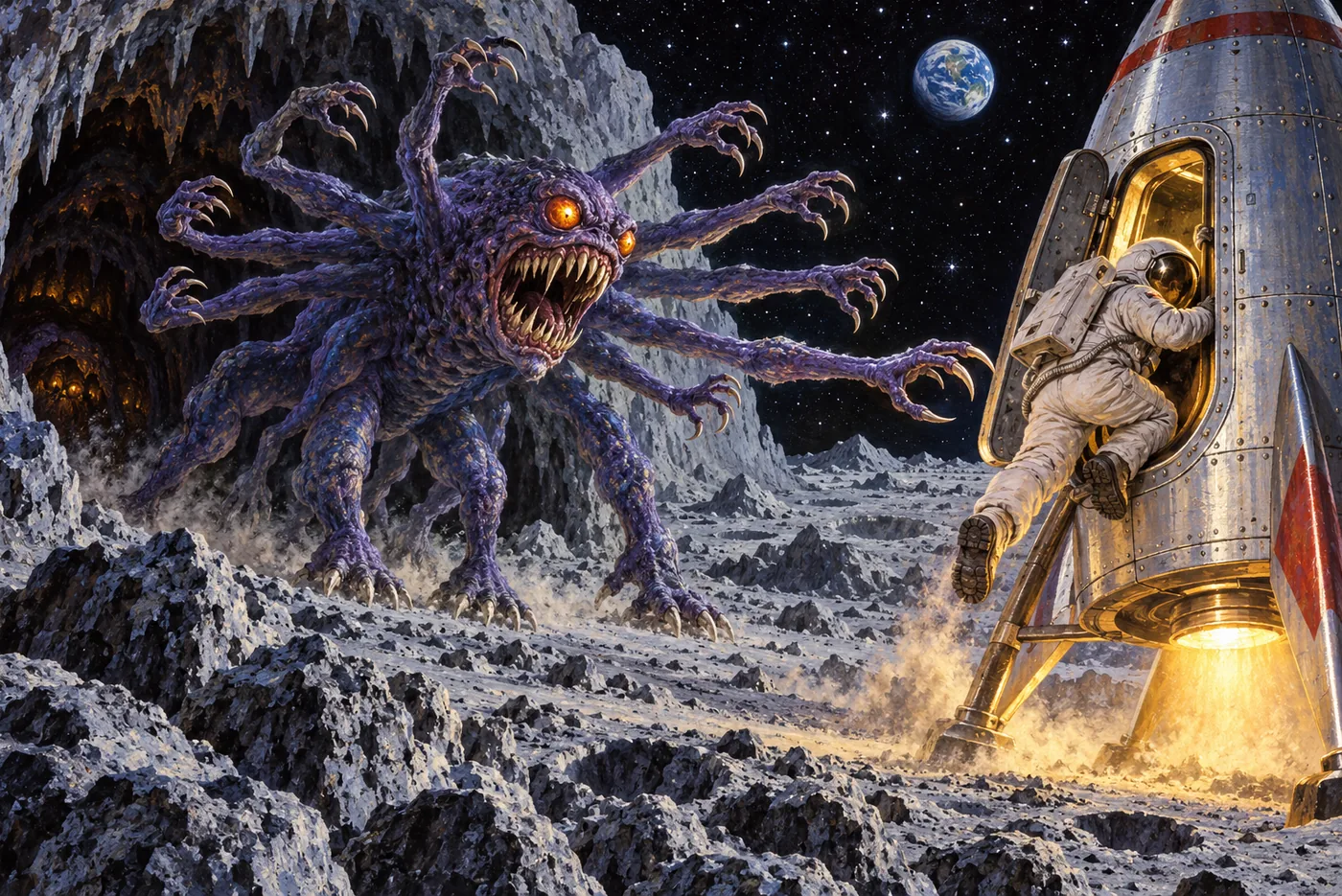 An illustration of a boy in a spacesuit leaping for his rocket on the moon as a purple many-armed creature lunges after him