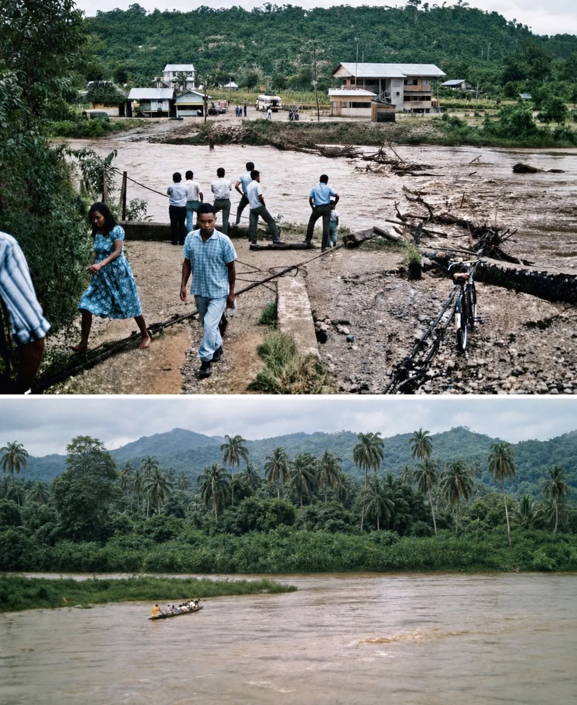 Above, travelers on a washed-out road in the Ecuadorian jungle; below, a dugout canoe on a wide brown river