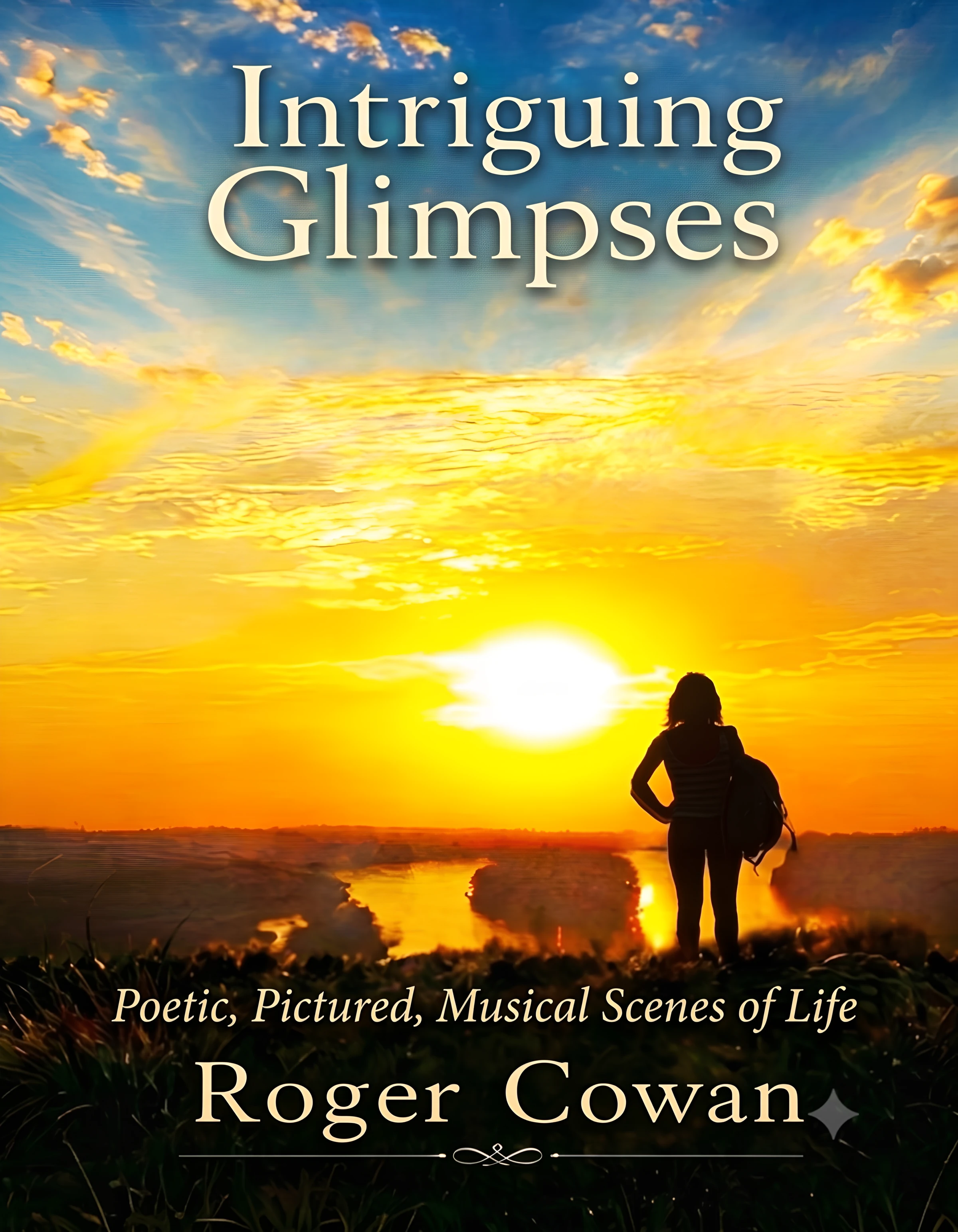 Cover concept for Intriguing Glimpses with a warm river landscape at sunset